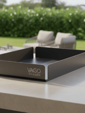 Vago Garden özel tasarım antrasit dış mekan mutfak çekmecesi, paslanmaz çelik modüler bahçe mutfağı saklama çözümü.