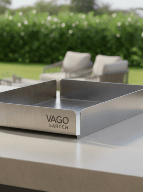 Vago Garden özel tasarım antrasit dış mekan mutfak çekmecesi, paslanmaz çelik modüler bahçe mutfağı saklama çözümü.