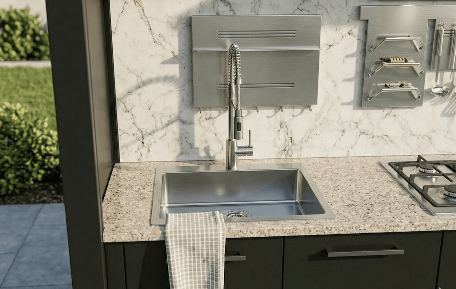 Modern dış mekan bahçe mutfağı tezgahı üzerinde yer alan paslanmaz çelik kare eviye ve spiralli profesyonel batarya detayı. Arka planda mermer desenli panel ve bahçe yeşillikleri görülüyor.