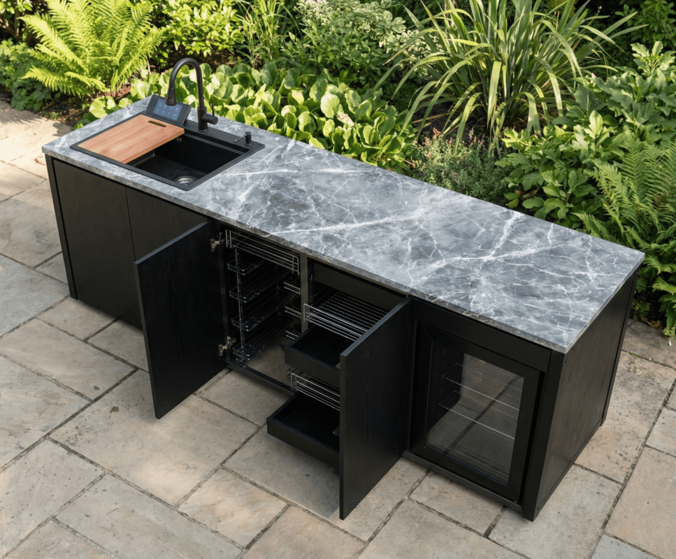 paslanmaz çelik modüler dış mekan mutfak ve barbekü ünitesi.