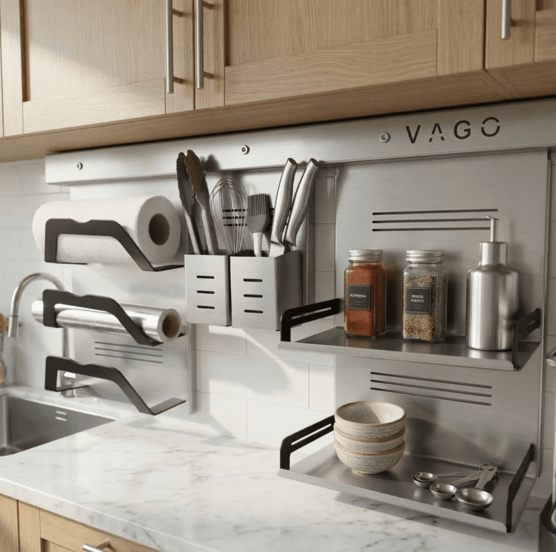 Hazır dış mekan mutfak seti içerisine monte edilmiş Vago Pro-kit tezgah üstü organizer kullanım örneği.