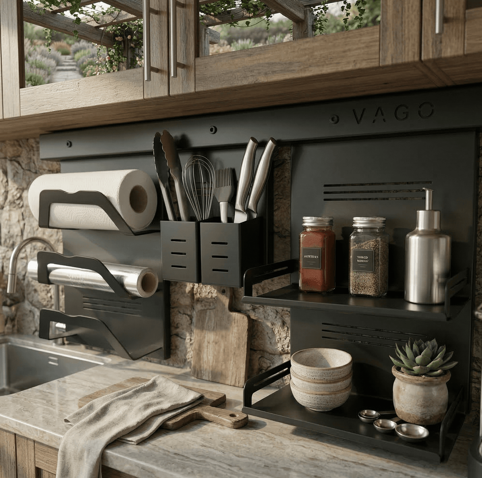 Bahçe Mutfağı Tasarımı - Pro-kit Organizer Kullanımı Hazır dış mekan mutfak seti içerisine monte edilmiş Vago Pro-kit tezgah üstü organizer kullanım örneği.