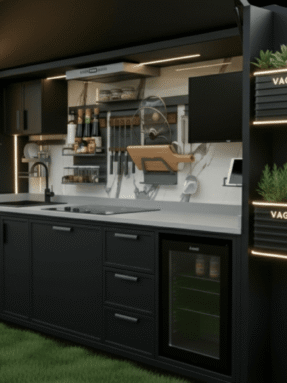 Garden V motorlu kapak sistemi kapalı halde modern bahçe mutfağı koruması