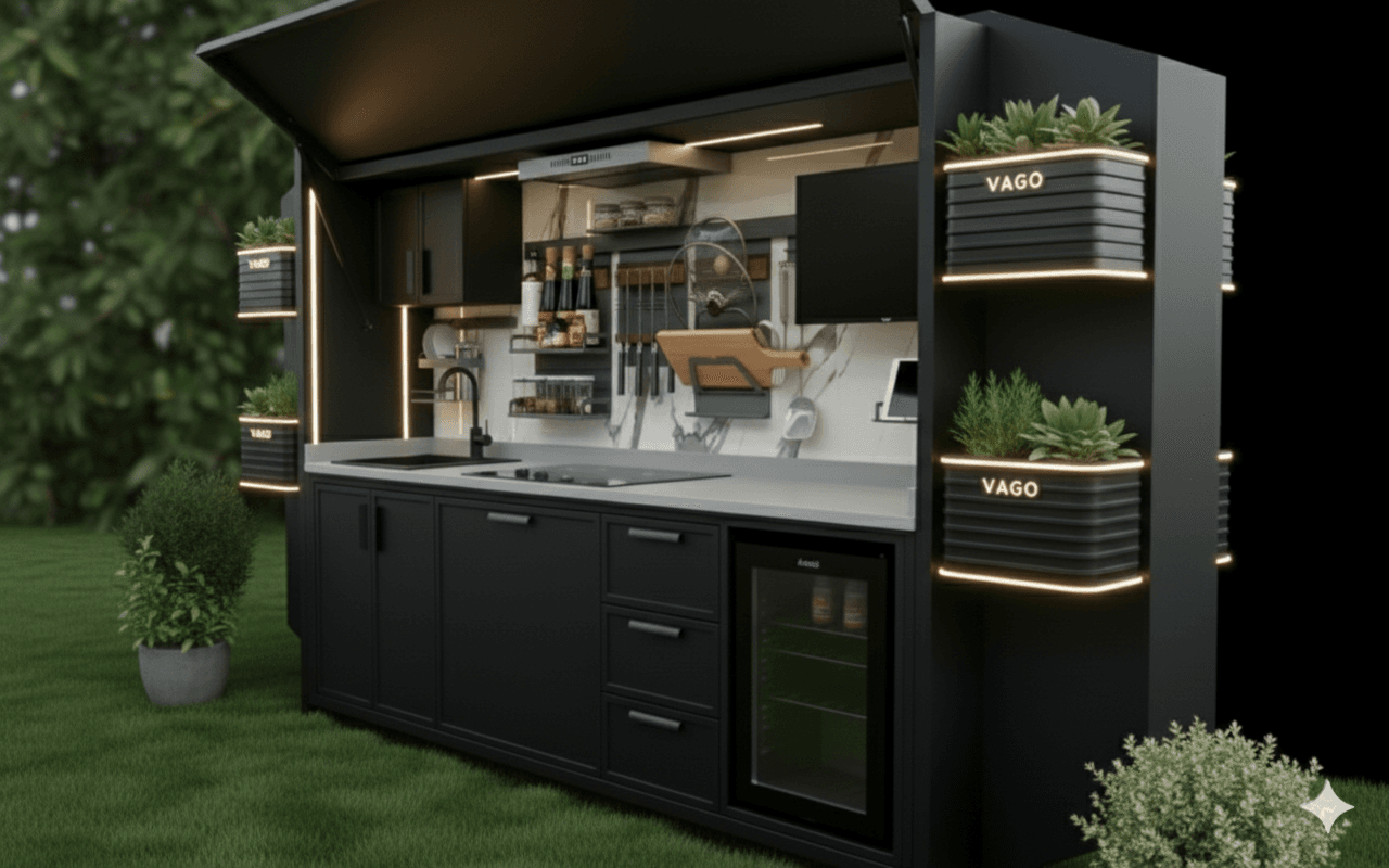 Garden V motorlu kapak sistemi kapalı halde modern bahçe mutfağı koruması