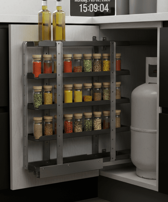 Dış mekan mutfaklarda maksimum fonksiyonellik: Eviye altı modüllerine entegre raylı sistemler ve düzenleyici raflar.