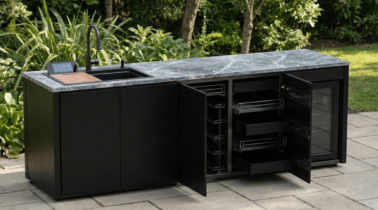 Vago Garden V serisi paslanmaz çelik modüler dış mekan mutfak ve barbekü ünitesi.