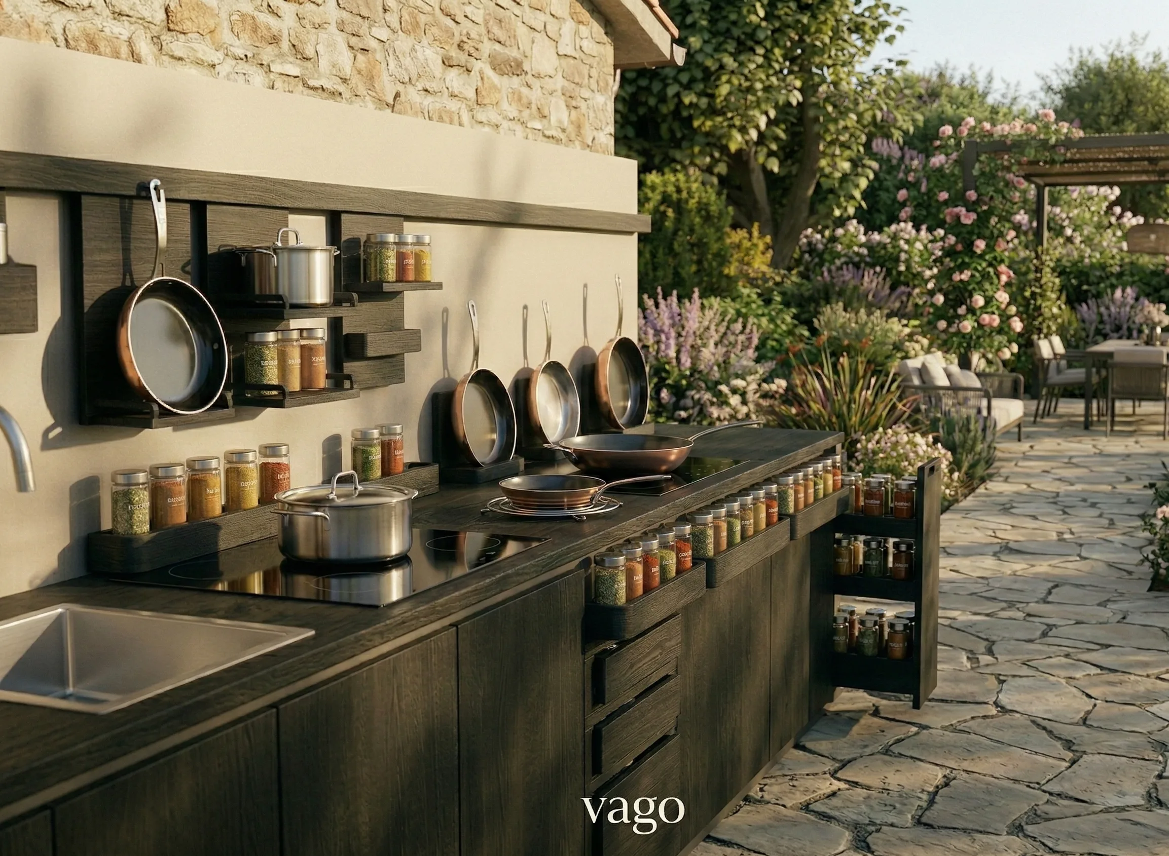 detaylı ve geniş tezgahlı özel üretim bahçe mutfağı projesi