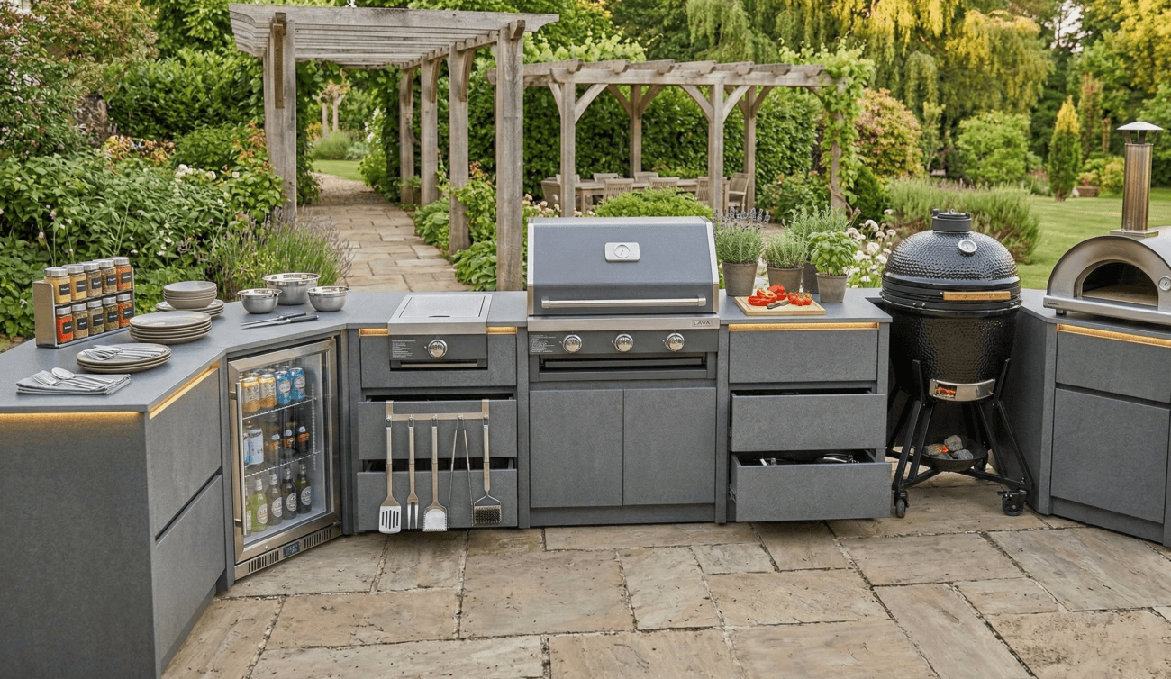 Doğal taş ve ahşap detaylarla inşa edilmiş, odun fırını (pizza fırını) içeren otantik ve şık bir açık mutfak. Geniş bir yemek alanı ve havuz manzarası.