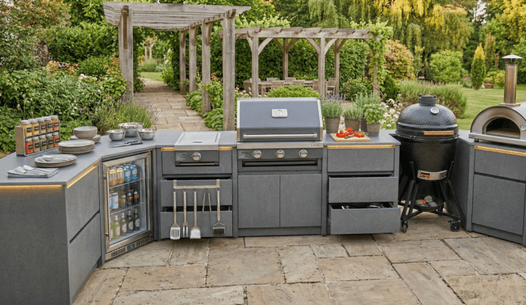 Doğal taş ve ahşap detaylarla inşa edilmiş, odun fırını (pizza fırını) içeren otantik ve şık bir açık mutfak. Geniş bir yemek alanı ve havuz manzarası.