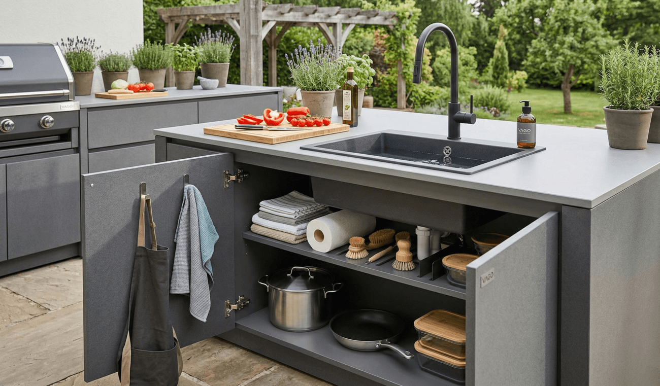 Kompakt ve fonksiyonel, L-şekilli ahşap ve paslanmaz çelik açık mutfak ünitesi. Taş döşeli zemin ve bitkilerle çevrili.