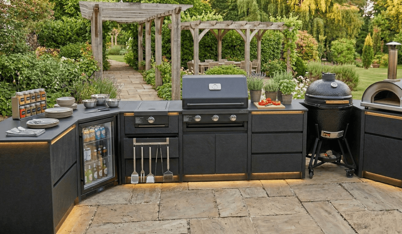 Pergola altında şık ve modern, tam donanımlı bir açık mutfak. Barbekü, fırın, bar tezgahı ve yemek masası mevcut.