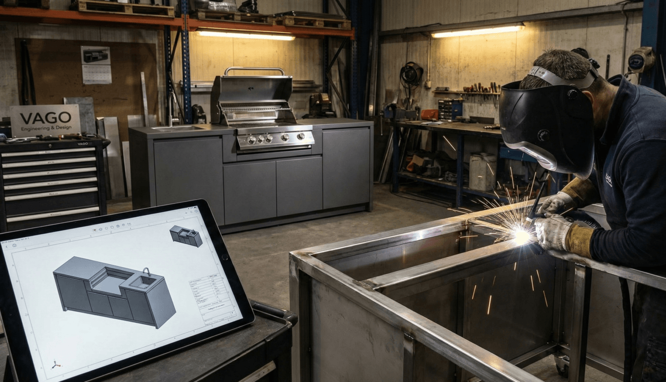 Vago dış mekan mutfak üretim süreci: 3D CAD tasarımı, profesyonel kaynak işçiliği ve bitmiş antrasit modüler bahçe mutfağı ünitesi bir arada.