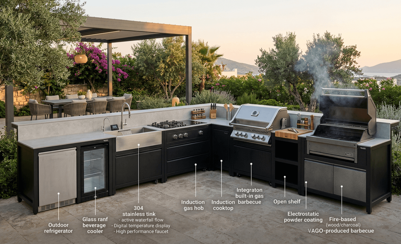 Siyah elektrostatik boyalı, porselen tezgahlı ve tekerlekli L-tipi modüler dış mekan mutfak sistemi