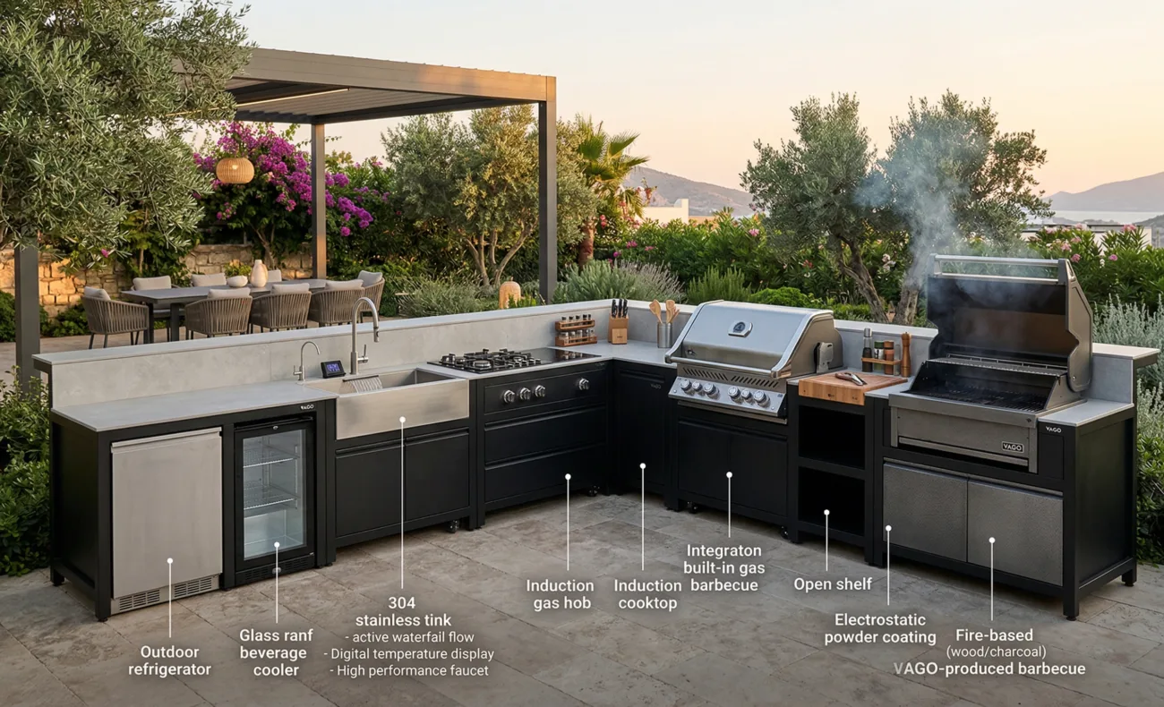 Siyah elektrostatik boyalı, porselen tezgahlı ve tekerlekli L-tipi modüler dış mekan mutfak sistemi